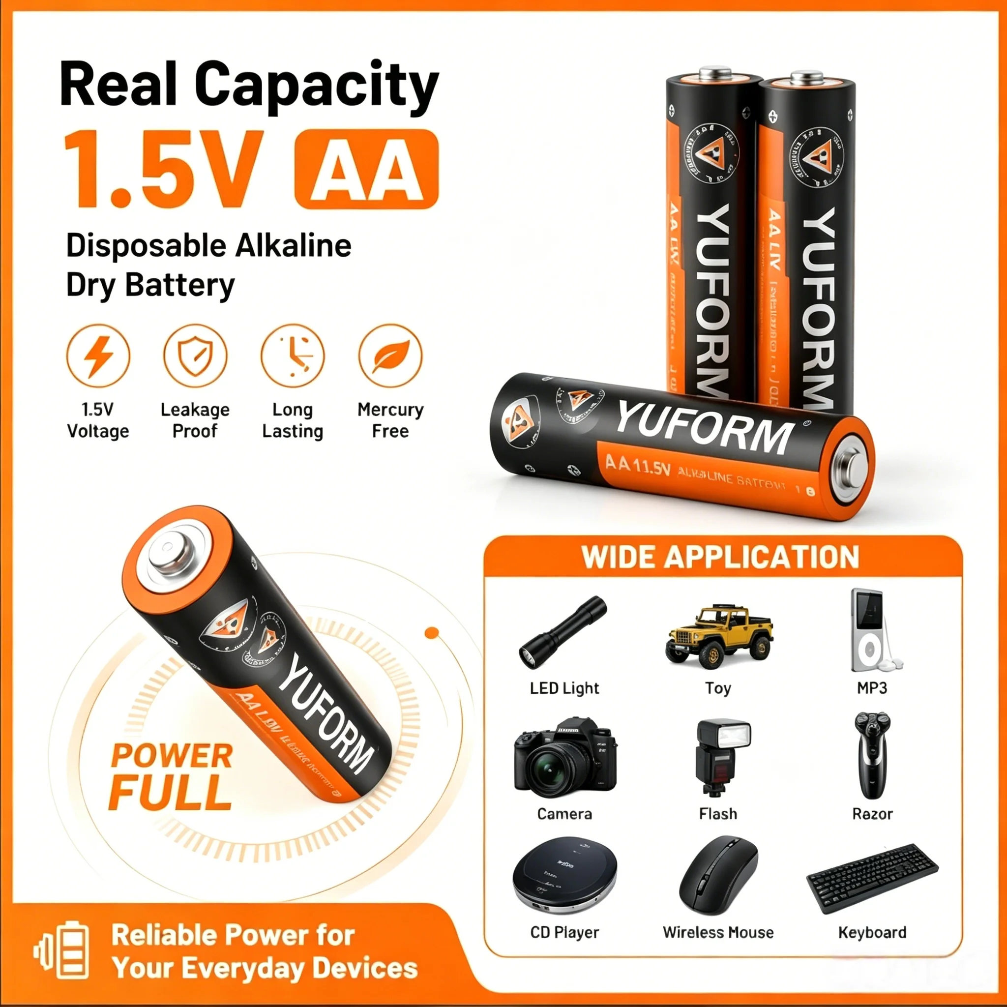 Real Capacity 1.5V AA Disposable Alkaline Dry Battery for Led Light Toy Mp3 Camera Flash Razor CD Player Wireless Mouse Keyboard