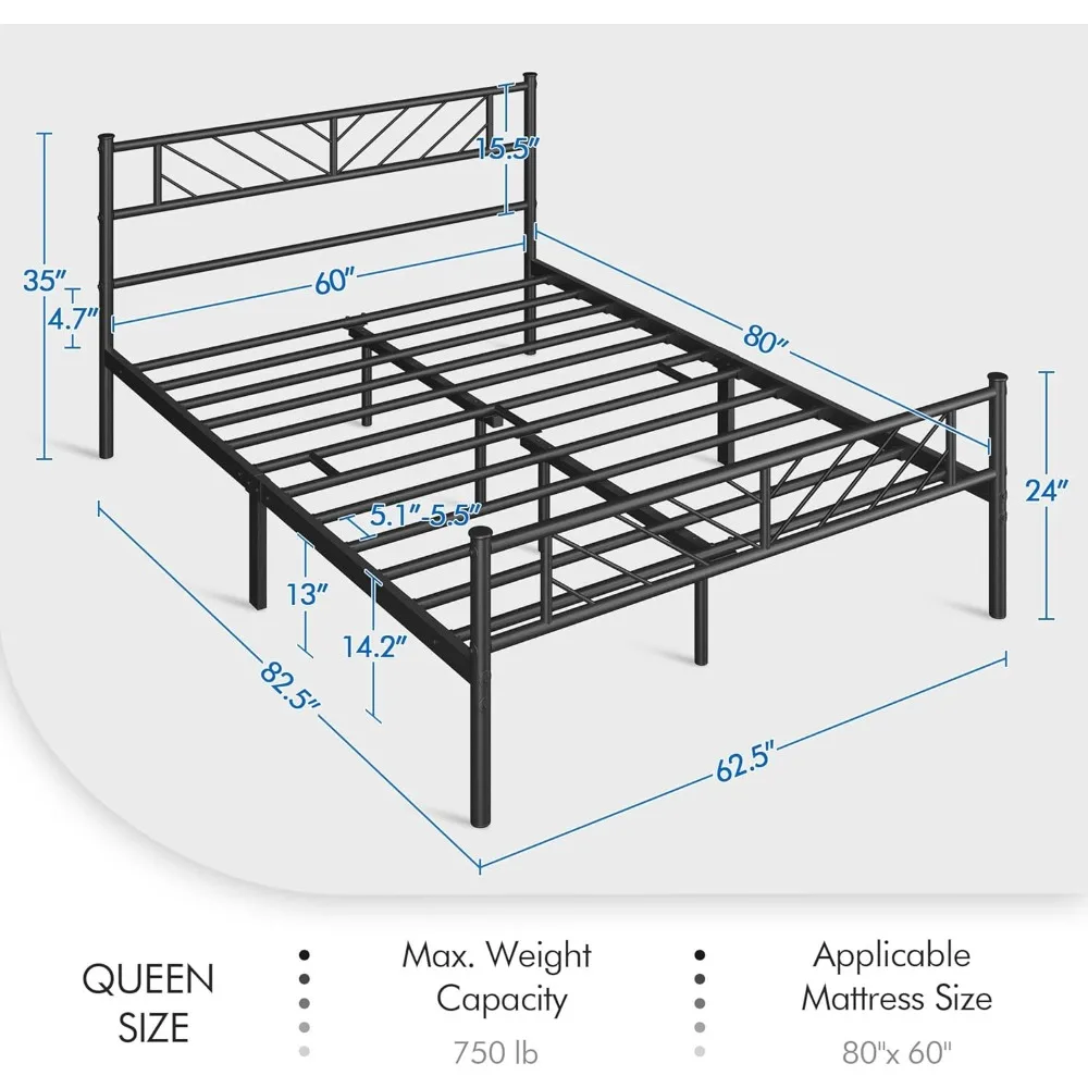 Platform Bed Frame with Arrow Design Headboard, 13 Inches Metal Mattress Foundation for Storage, No Box Spring Needed