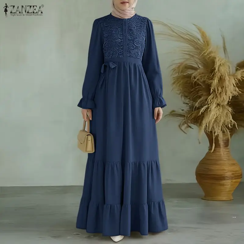 ZANZEA Ramadán musulmán Abaya vestido Eid mujeres elegante bordado vestidos de fiesta elegante Casual manga larga Patchwork bata