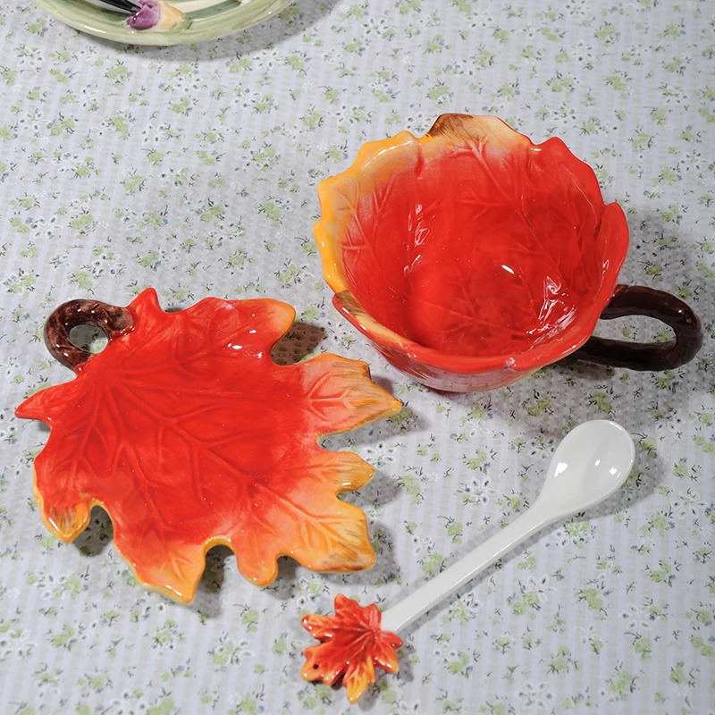 Ceramic Cup with Saucer Spoon Maple Leaf Coffee Set Flower Tea Cups Water Mug Milk Mugs Gift