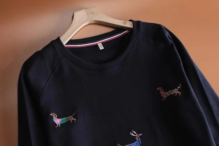 Embroidered Dachshund Round Neck Sweatshirt for Women Pure Cotton Autumn and Winter/Fren Embidered Dachshund Round Neck Sweatshirt for Women Pure Cotton Autumn and Winter