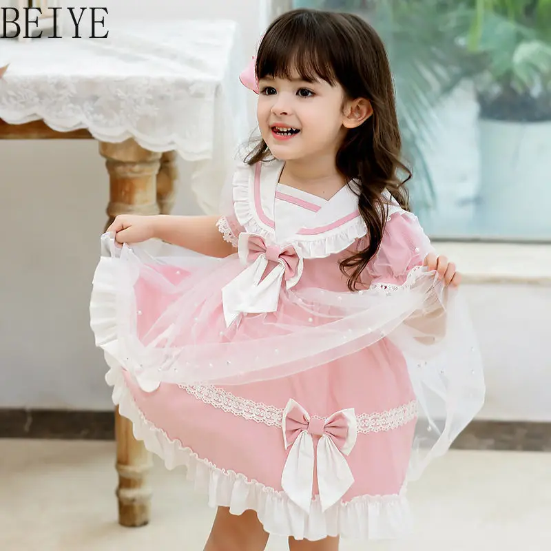 Original Summer New Girls' Princess Dress Lolita Style Sweet Short Sleeve First Birthday Dress Children's Bow Design Cute Dress