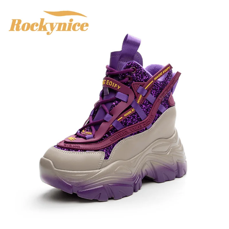 8.5CM Synthetic Genuine Leather Women Bling Shoes New 2026 Spring High Top Sneakers Casual Dad Shoes Breathable Vulcanize Shoes