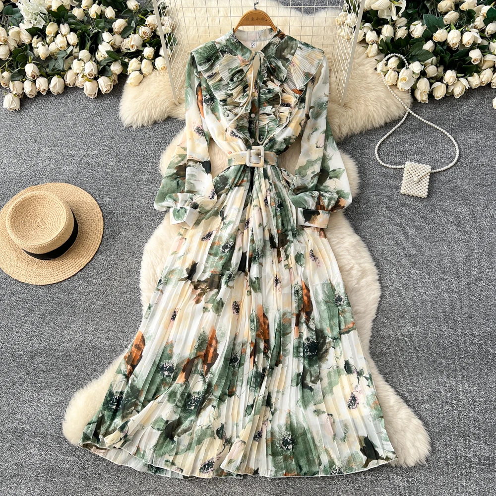 Chic vintage long sleeve print Elegant Fairy autumn hotsweet Sundress women clothing A-line dress