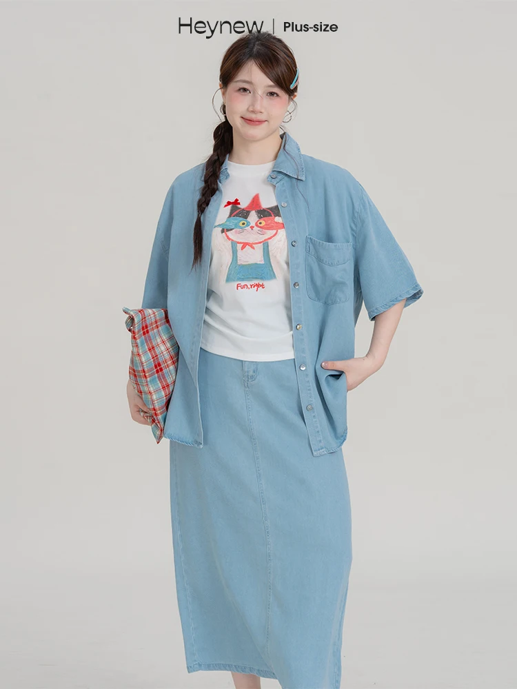 

Heynew, женская джинсовая юбка размера плюс, летний комплект из двух предметов для похудения, закрывающий живот, гонконгский комплект для поездок на работу, корейский комплект