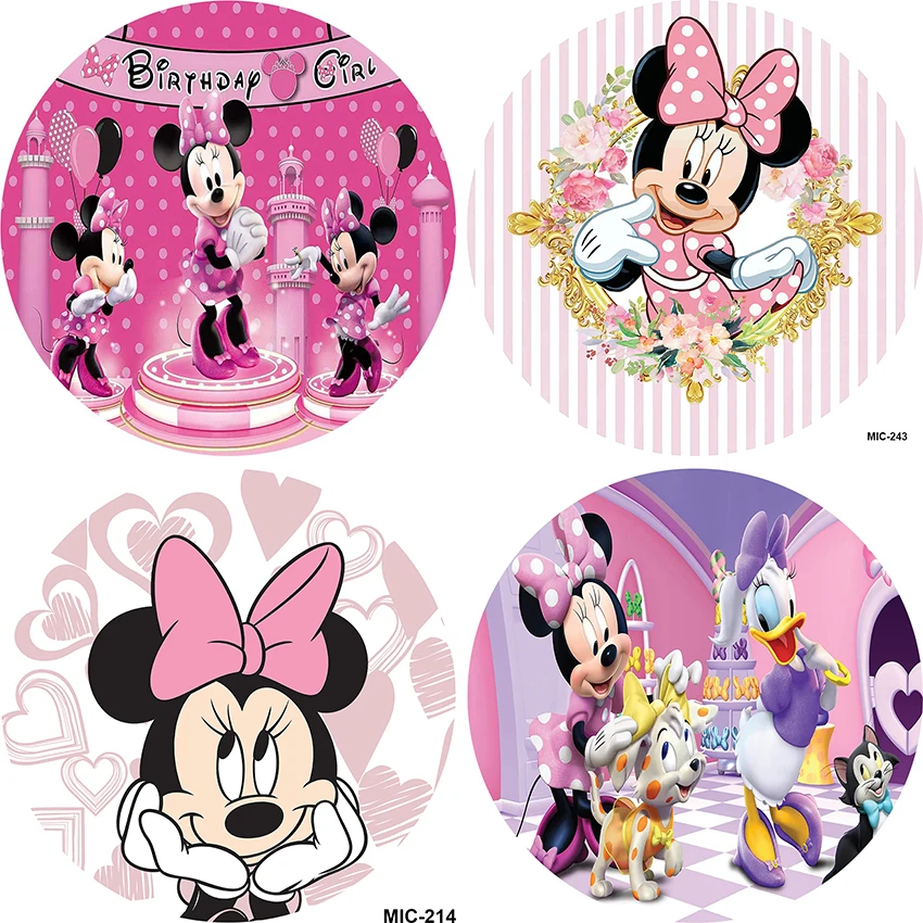 Pink Minnie Mouse Round Circle Background Baby Shower Girl Birthday Photo Backdrop Kids Party Decor Table Plinth Covers Elastic