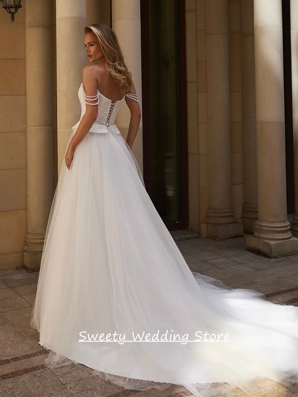 Customized Woman Wedding Dress Pearls Off Shoulder Small V Neck