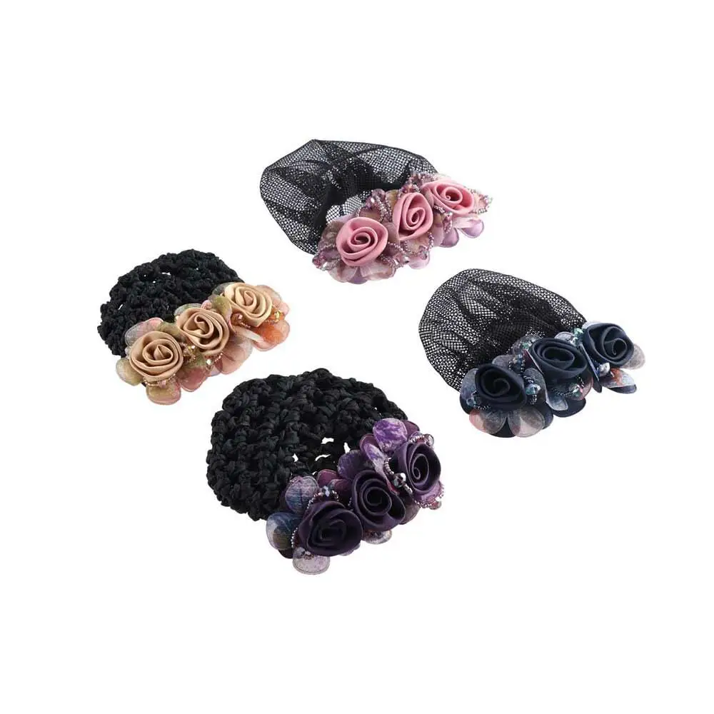 For Nurses Barrettes For Flight Attendant Mesh Floral Beaded Zircon Women Bun Net Crystal Hairnet Cover Flower Bun Snood