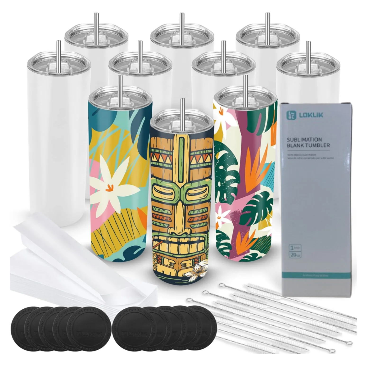 Sublimation Tumblers Blanks 20 oz 10 Pack Skinny Straight Tumblers Bulk 304 Stainless Steel Insulated Sublimation Cups with Lid and Straw, Gift Box Sm