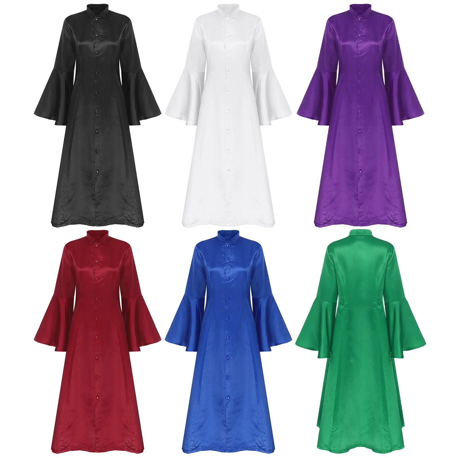 Womens Church Clergy Dress Flare Sleeve Praise Dance Robe Stand Collar Button Down Choir Dress Smooth Liturgical Choir Robes