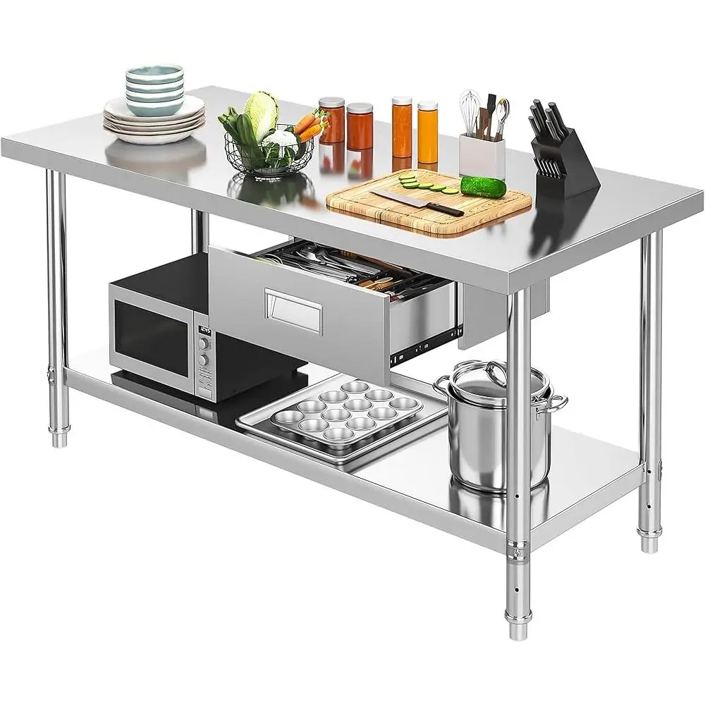 NSF Stainless Steel Work Table with Silent Drawers Adjustable Undershelf Metal Prep Table Kitchen Garage Restaurant Use