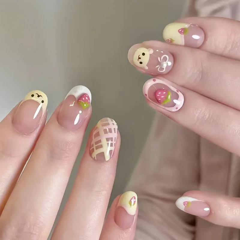 24PCS Sweet Red Polka Dots French False Nails with Glue Cute Cartoon Cat 3D Bowknot Designs Press on Nails Almond Fake Nails Set