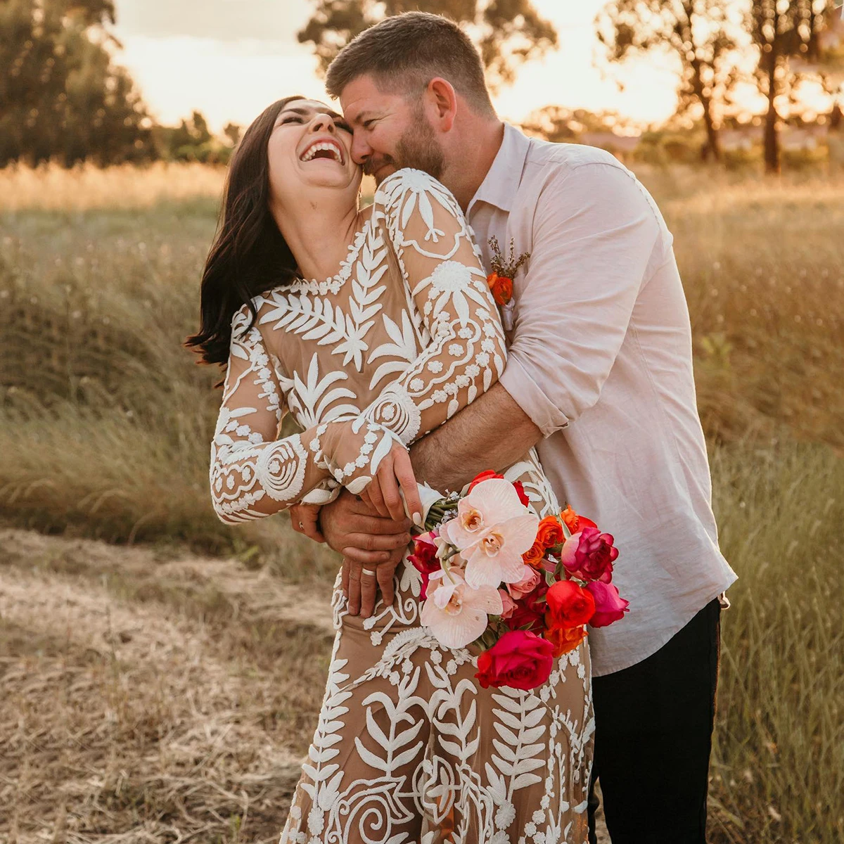 Garden Lace Long Sleeves Wedding Dress Overweight Boho Tan Two Pieces Customized Mermaid Rustic Open Back V Neck Bridal Gowns