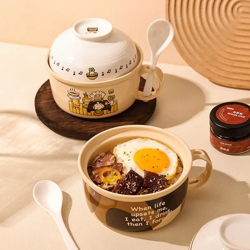 Fun Instant Noodle Bowl High-value with Cover Bowl Office Workers Large-capacity Instant Soup Cup Household Ceramic Bowl