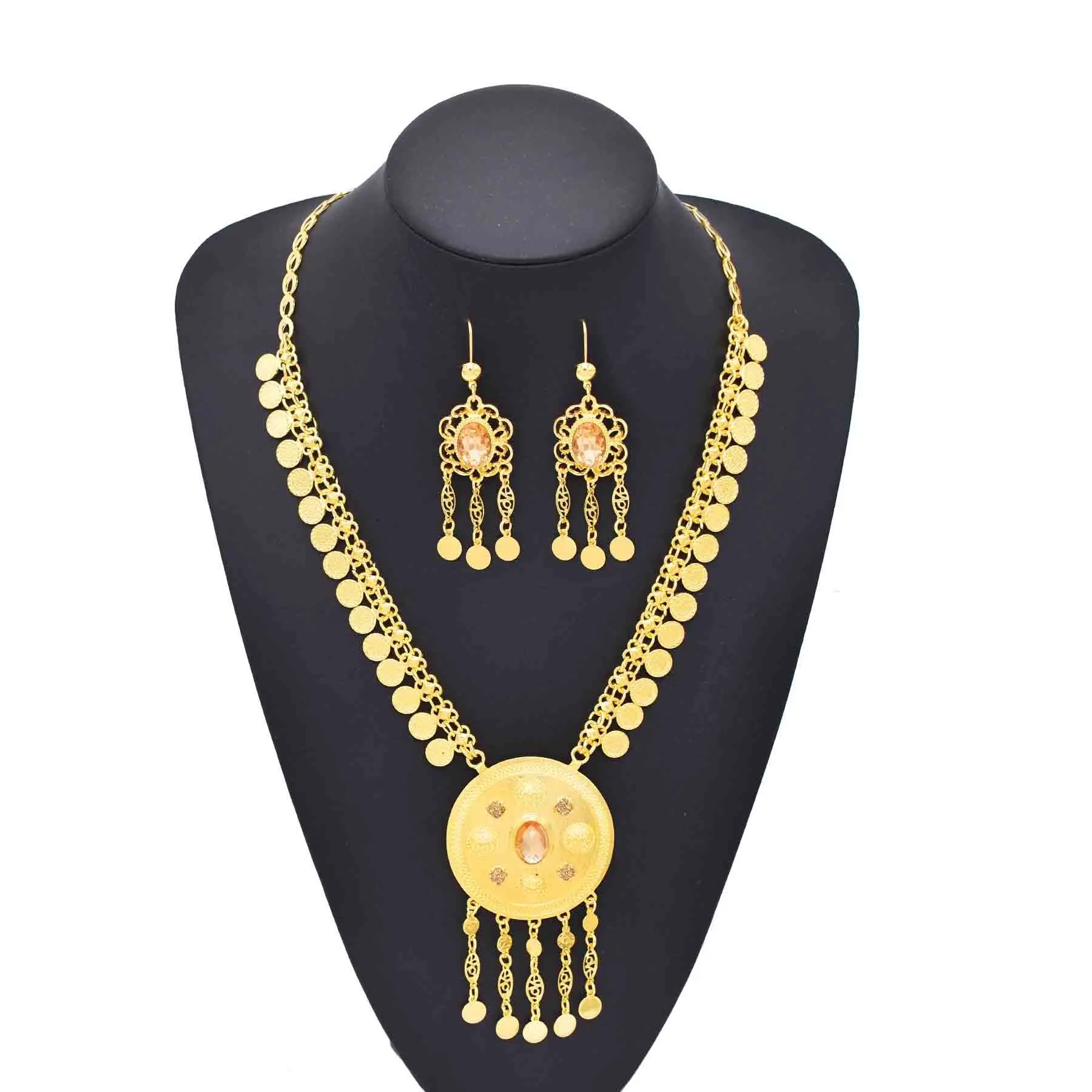 Arab Ethnic Golden Coins Crystal Geometric Moon Pendant Necklace Earrings for Women Vintage Afghan Kurdish Statement Jewelry Set