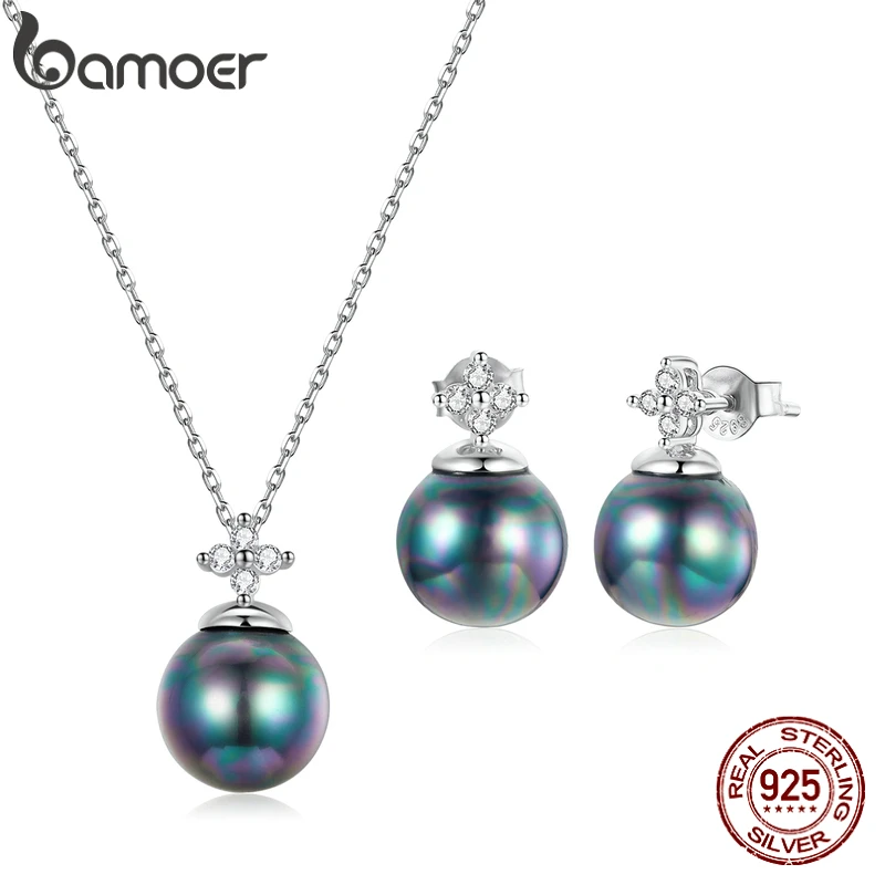 bamoer 925 Sterling Silver Elegant Black Pearl Earrings Necklace Shell Pearl Necklace Chain for Women Fine Jewelry Set BSN226