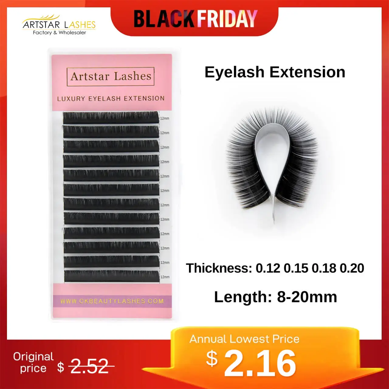 ARTSTAR 12Rows Classic Individual Eyelash Extension Lashes C D CC DD Matte Black No Kink Natural Soft  Eyelashes High Quality