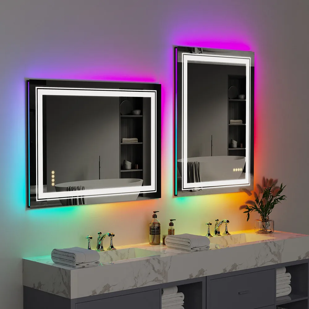 Wall Mounted Waterproof Demist Vanity Makeup Mirror Rectangle RGB LED Bath Mirror  with Multicolor Lights