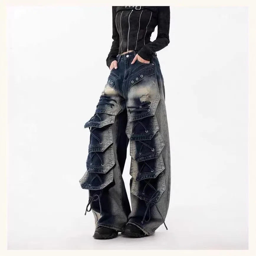 

2026 Spring Women Vintage Multi-Pocket Cargo Jeans Creative Streetwear Fashion Wide Leg Denim Pants