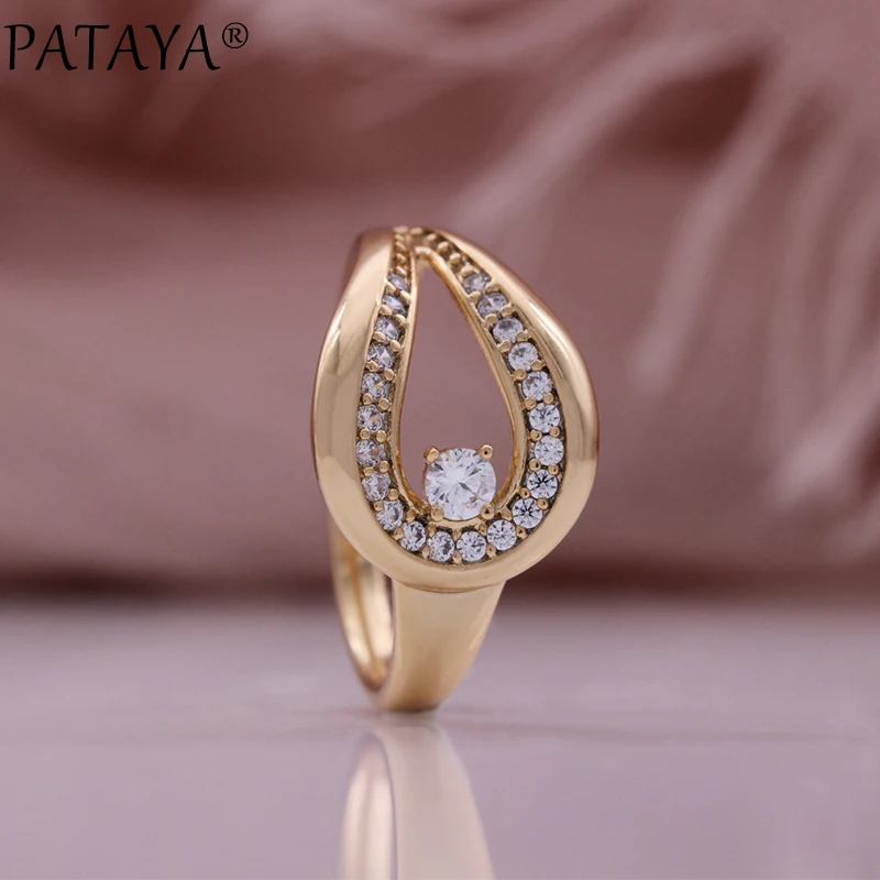 PATAYA Hot Fashion Champagne Gold Color Jewelry Sets Glossy Rings Earrings For Women High Quality Ethnic Wedding Jewelry Set