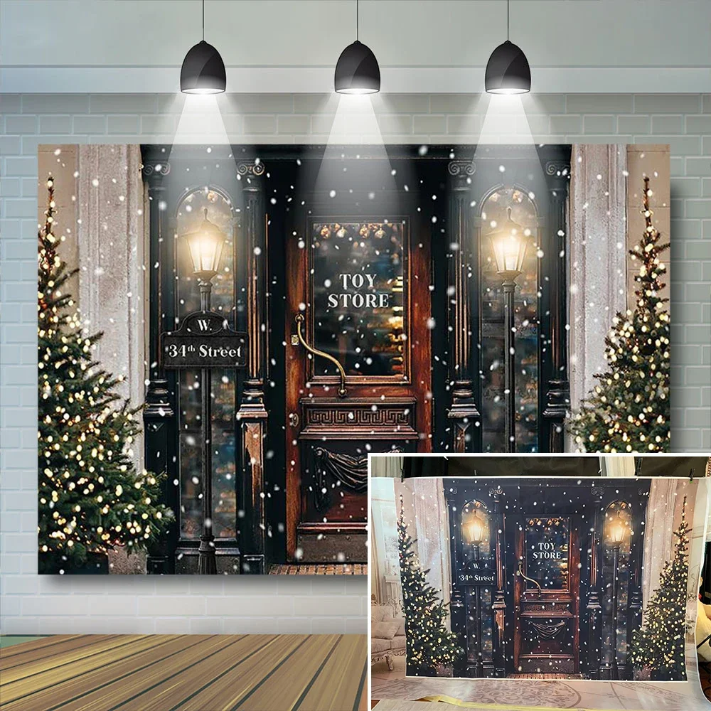 

Snowy Shop Door Backdrop Kids Christmas Photography Backdrop Tree Snowflake Baby Children Photography Background Decor Banner
