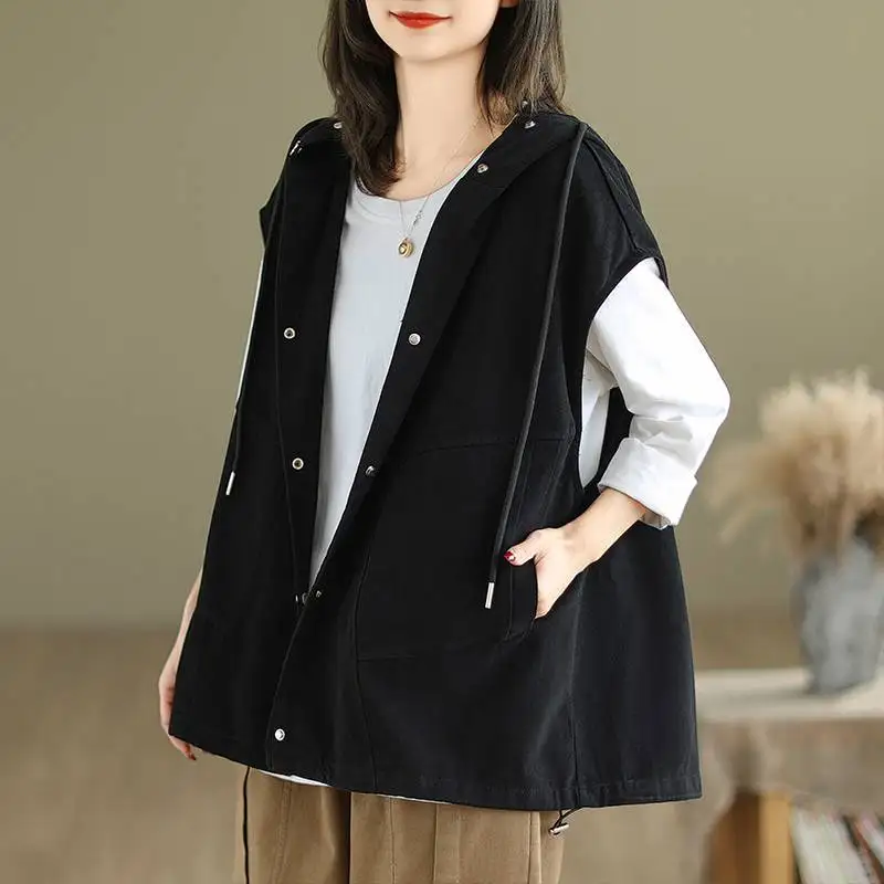 

Свободный художественный жилет-куртка оверсайз из хлопка и льна с капюшоном, в стиле рабочей одежды, Весна 2026, Новинка