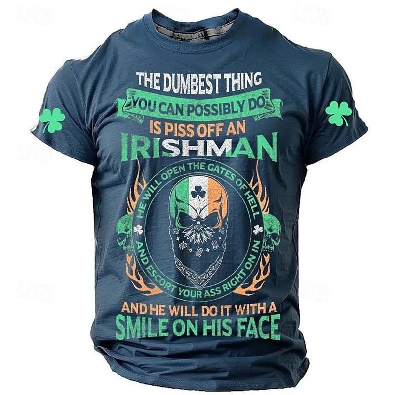 Ireland St Patrick Day Men's T-shirt Short Sleeve Outdoor Street Pullover Top Funny Humorous Text Skeleton Graphic Plus Tee 2025