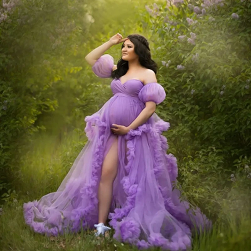 Cheap Lavender Tulle Maternity Dresses For Photography Sexy See Thru Ruffles Tiered Mesh Pregnancy Gowns Baby Shower Dress