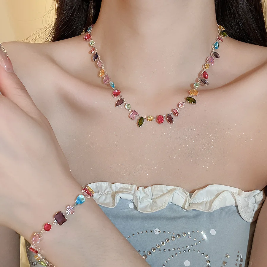 New Colorful Crystal Necklace Bracelet Chain for Women Elegant Clavicle Chain Irregular Zircon Necklace Party Jewelry Sets Gifts image 3