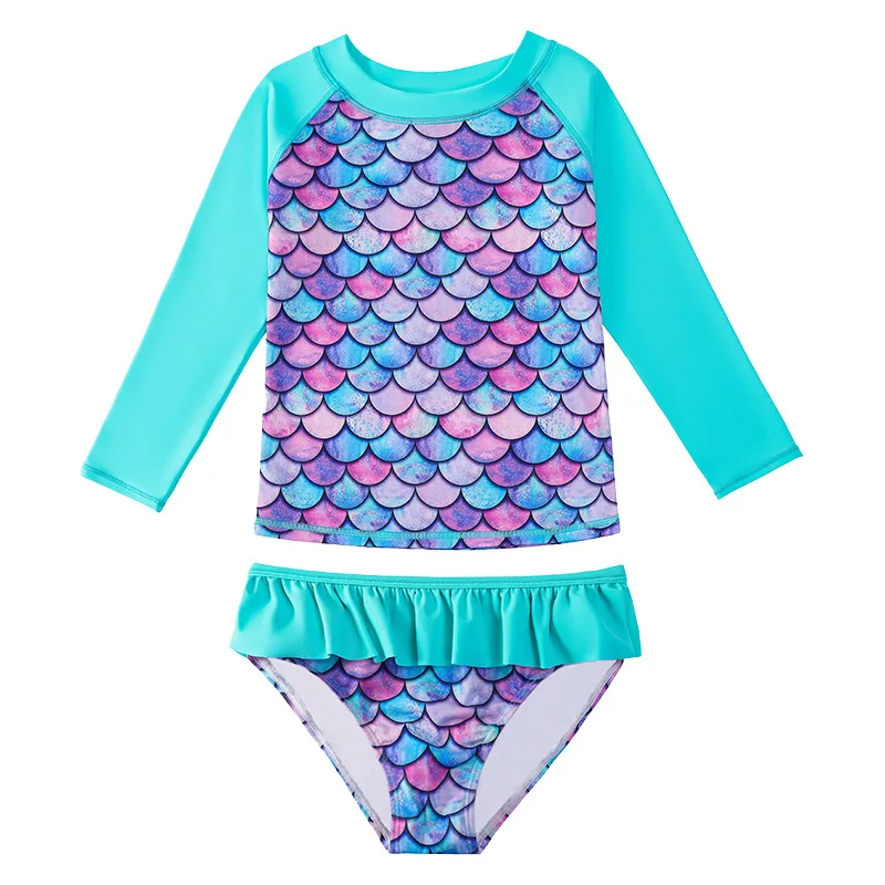 European And American Style Girls Long Sleeves Split Bathing Suit 3-9Years Kids Bikini Mermaids 3D Print Sunscreen Swimsuits