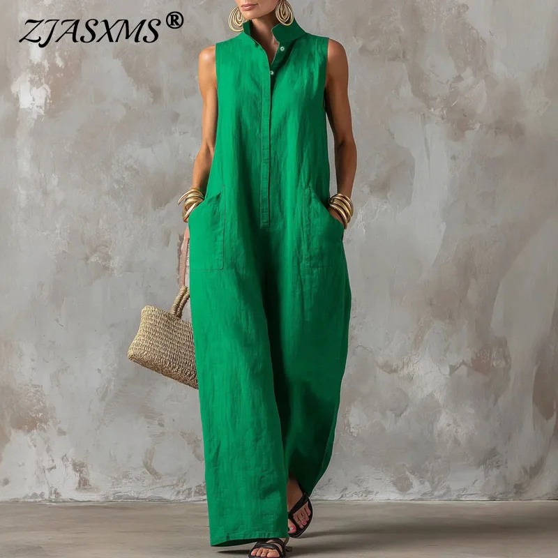 

Women Solid Sleeveless Jumpsuit Stand Collar Loose Wide Leg Long Rompers Bohemian Casual Summer Beach Vacation One Piece Outfits