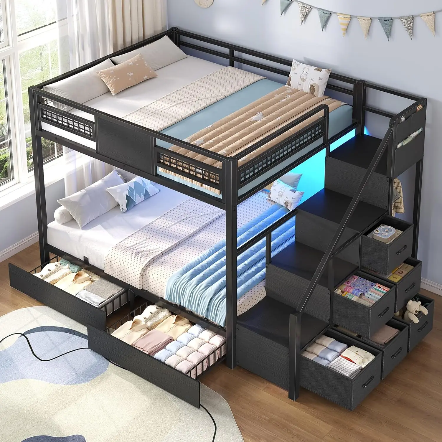 Full Over Full Bunk Bed with Stairs, LED Light, 2 Storage Drawers & 6 Fabric Drawers, Metal Loft Bed with Guardrail, , Custom