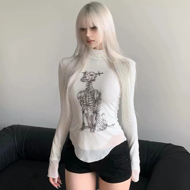 Y2K Sexy White Lace Mesh See Through Long Sleeve T-Shirt for Women Fashion Goth Dog Skull Print Half High Collar Slim Crop Tops