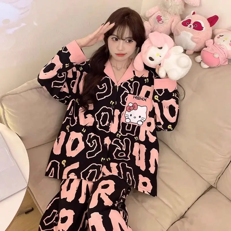 

Пижамы Sanrio, 2 шт., новый стиль «Hello Kitty», летний милый модный комплект домашней одежды с длинными рукавами, весенне-осенний наряд с героями мультфильмов, хит продаж