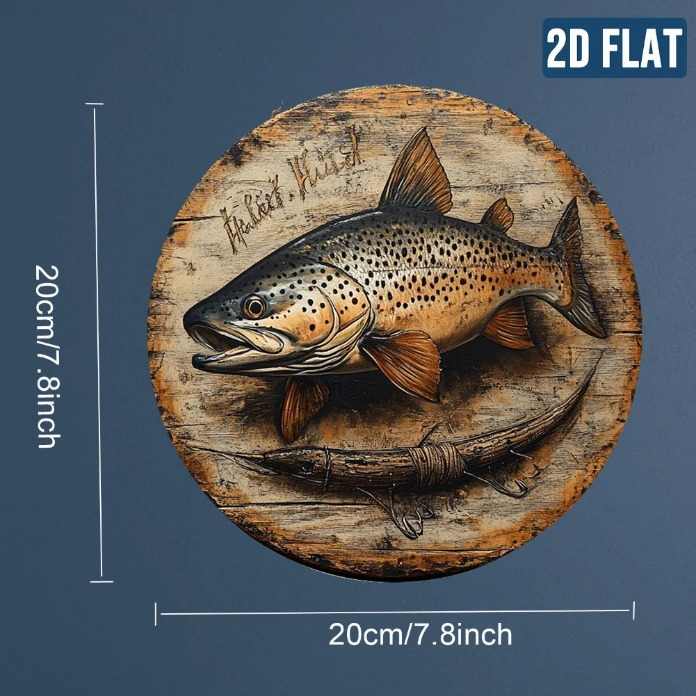 ديكور حائط معدني مسطح ثنائي الأبعاد لصيد الأسماك - فن سمك السلمون المرقط البني - لافتة ألومنيوم مقاومة للماء والغبار - سهلة التعليق