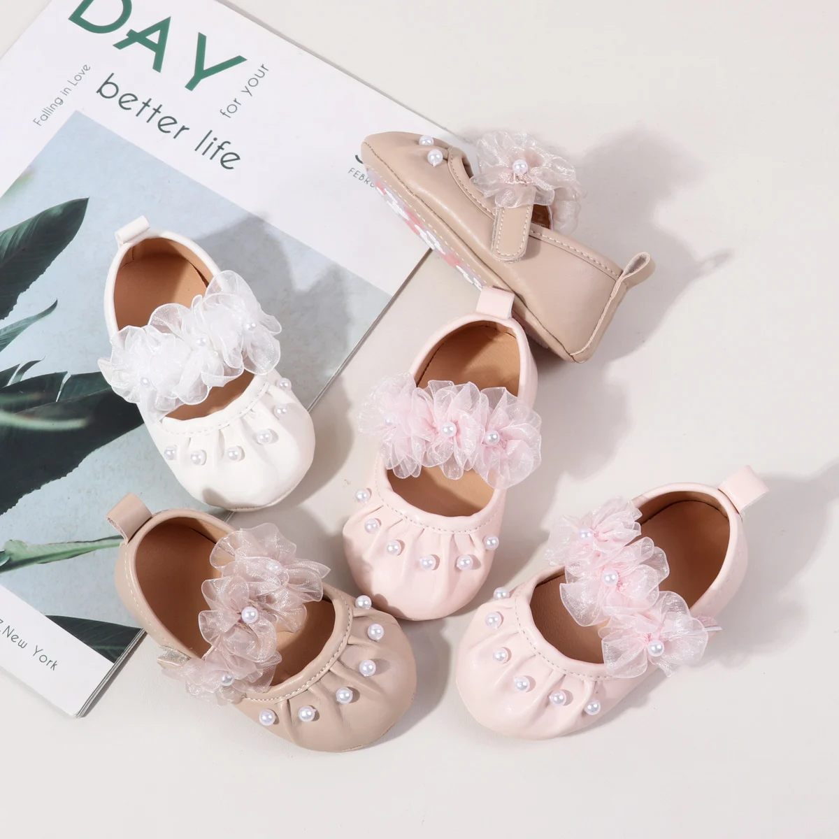 

Spring And Autumn Cute Baby Girls' Pearl Decor Mesh Flower Mary Jane Flats For 0-18M Baby Toddler Shoes High Quality PU Leather