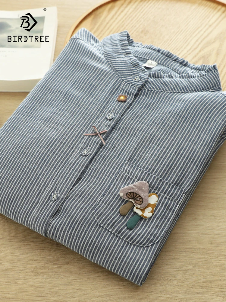 

Новая женская хлопковая рубашка с длинным рукавом на весну 2026, с воротником-стойкой и оборками, в полоску, в стиле Mori Girl, модная повседневная тонкая свободная блузка T63529CC