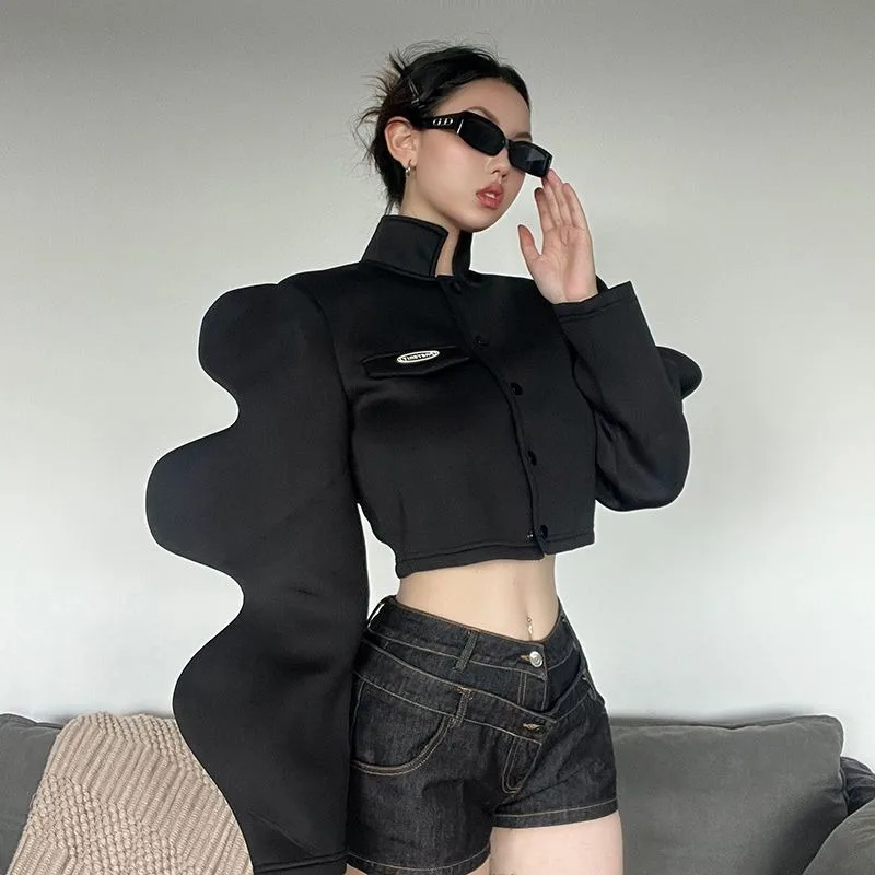 Cool Functional Wind Three-dimensional Wave Black Long Sleeve Jacket Women's Design Sense Navel Short Skinny Top Is Exquisite