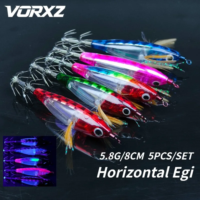 Juego de 5 señuelos horizontales Egi para pesca de calamar, equipo de pesca, señuelo de camarón de madera de 8 cm y 5,8 g para pesca en agua salada de pulpo y calamar.