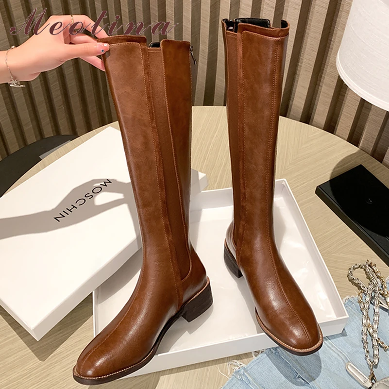 Meotina Women Genuine Leather Knee High Boots Round Toe Block High Heel Zipper Ladies Long Boot Autumn Winter Shoes Brown 40