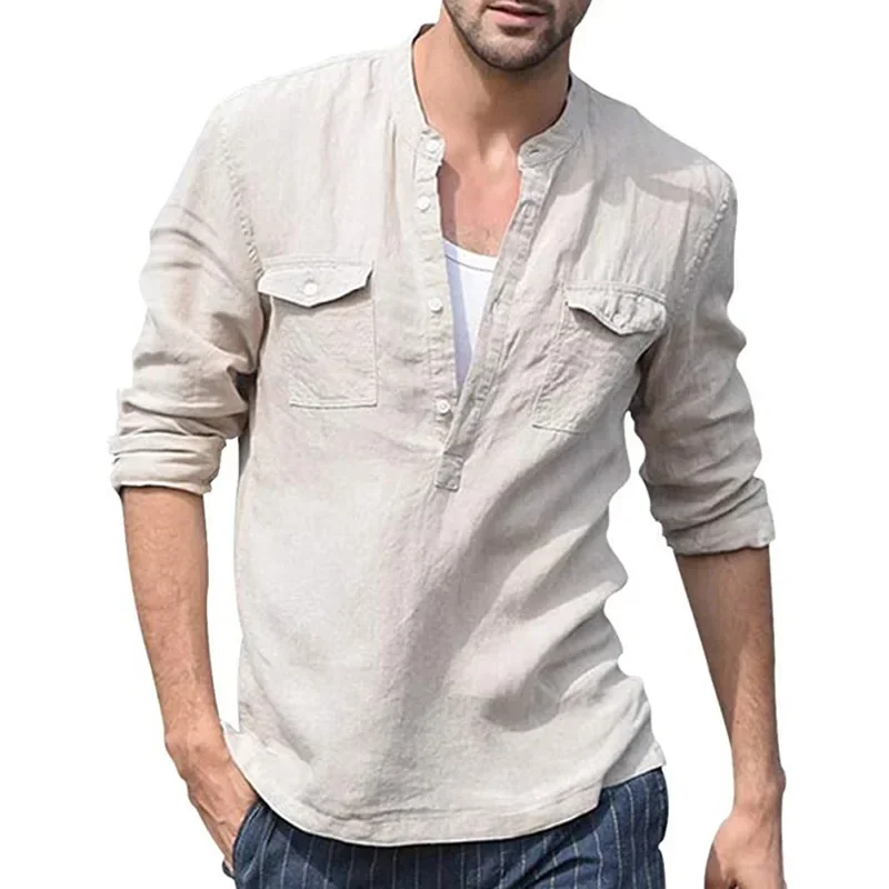 

New Men's Casual Long Sleeve Shirt Solid Color Stand Collar Shirt Spring And Autumn Fashion Loose Button Design Pocket Top Shirt