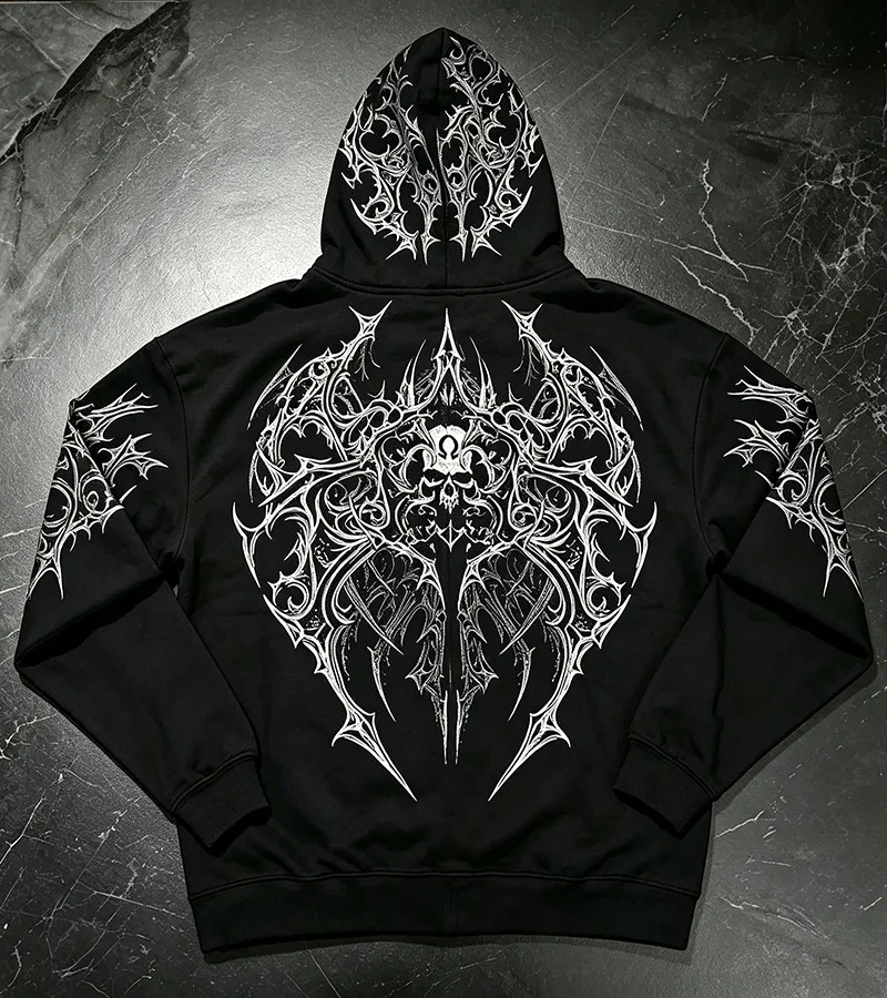 Herren Alt Gothic Zip-Up Hoodie Y2k High Street American Style Dunkler Dornen-Print Fleece-gefütterter Loser Biker Herbst-Winter-Sweatshirt – Detail 6