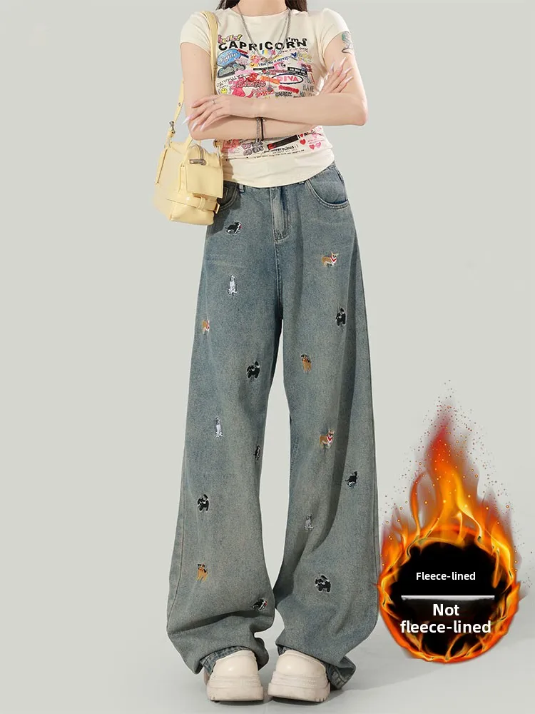 

Широкие джинсы с высокой талией и вышивкой на подкладке, прямой крой, длинные длинные джинсы, женские осенне-зимние свободные обтягивающие джинсы F...