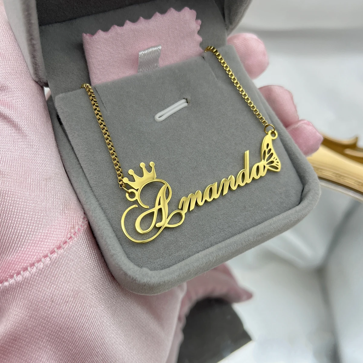 Custom Name Necklace Crown Butterfly Stainless Steel Nameplate Pendants Box Chain for Women Jewelry Gift Freeshipping