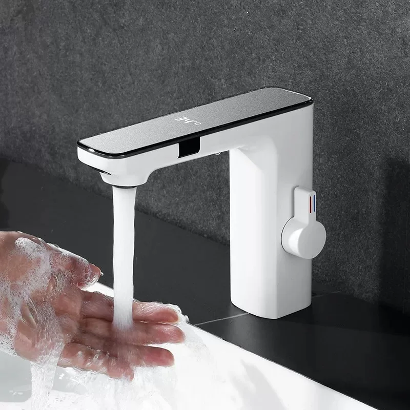 

Высококачественный латунный сенсорный смеситель для ванной комнаты, смеситель для раковины с горячей и холодной водой, светодиодный дисплей, бесконтактный, 3-минутный, белый, черный, золотой