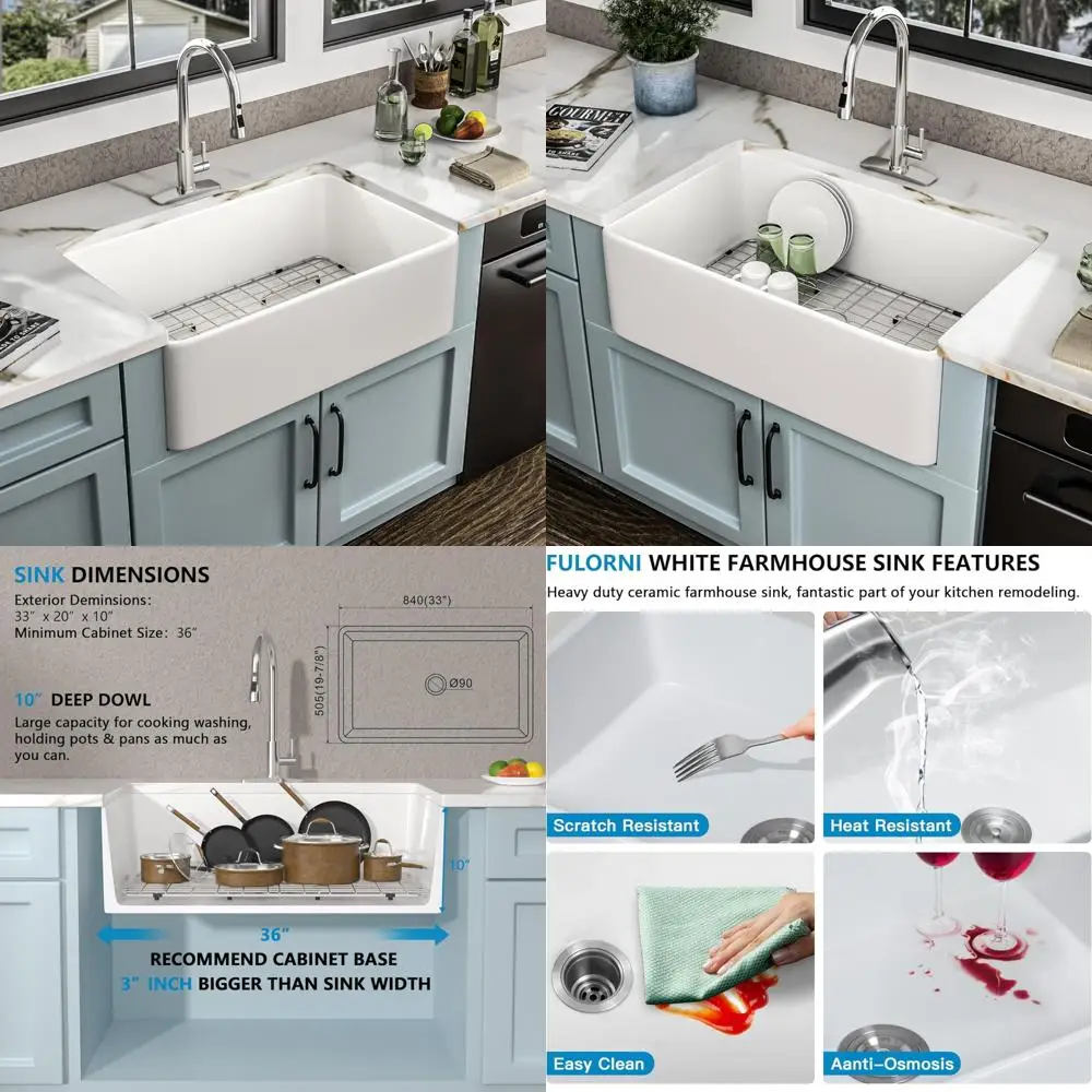 

Single Bowl Reversible Apron Front White Farmhouse Sink - High-Gloss Fireclay Porcelain Ceramic Kitchen Sink for Farm-Style Inte