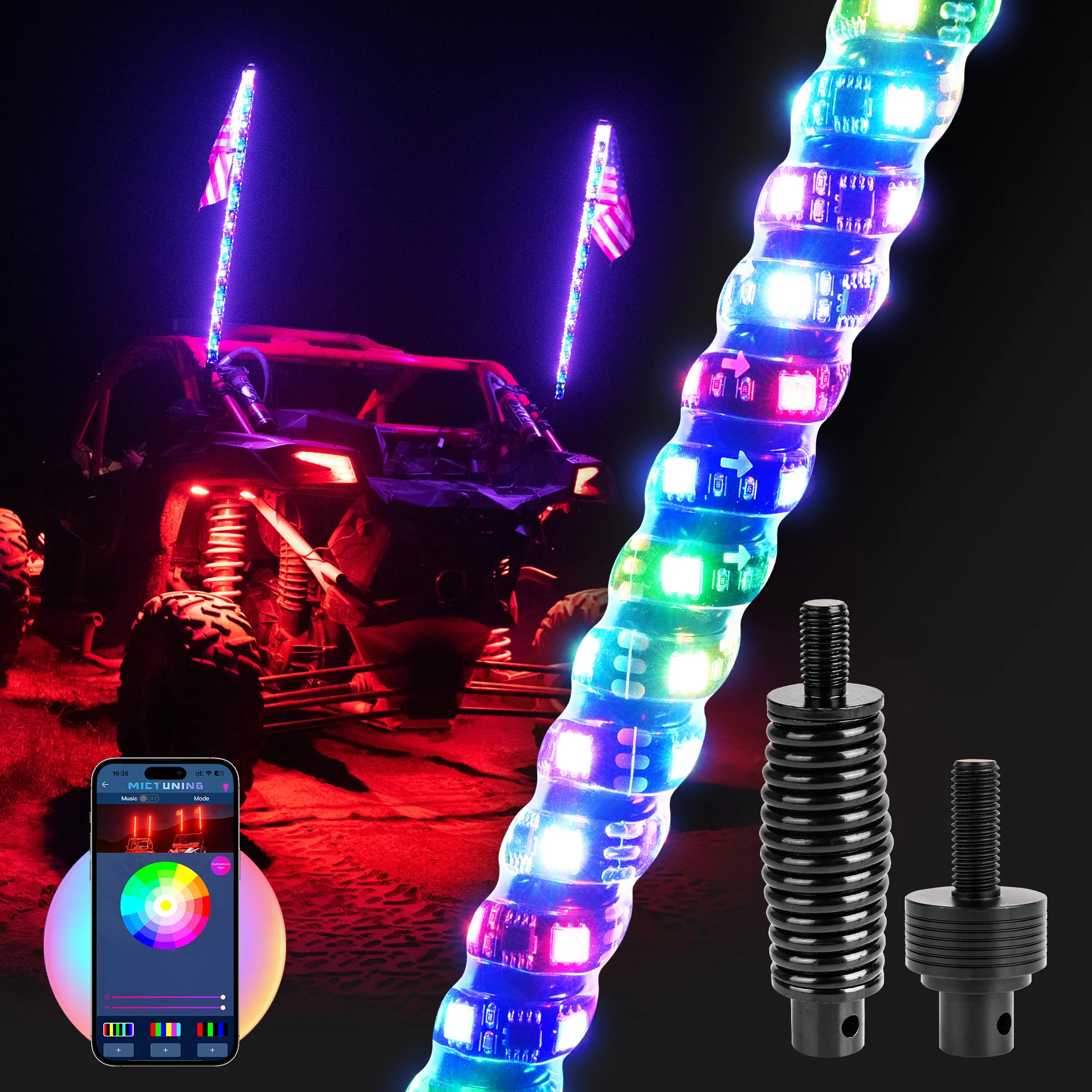 MICTUNING 2pcs 3FT LED Whip Lights - Spiral Bendable RGB+IC Chasing Color Antenna Whips - Bluetooth App Control for UTV ATV