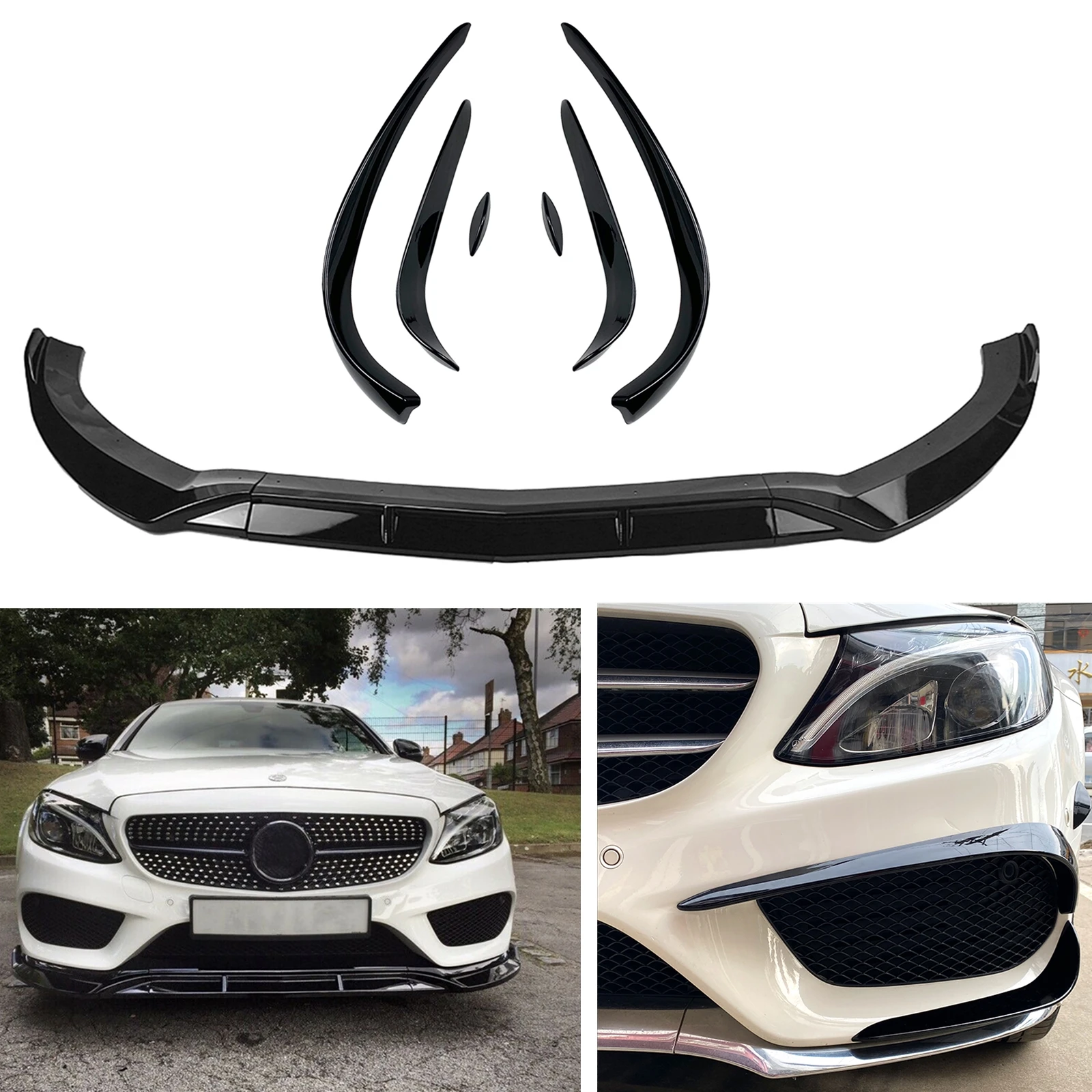 

Front Bumper Spoiler Lip+Side Air Vent Trim Splitter Brow For Mercedes Benz C Class W205 C180 C200 C260 C43 AMG 2015-2018 Sport