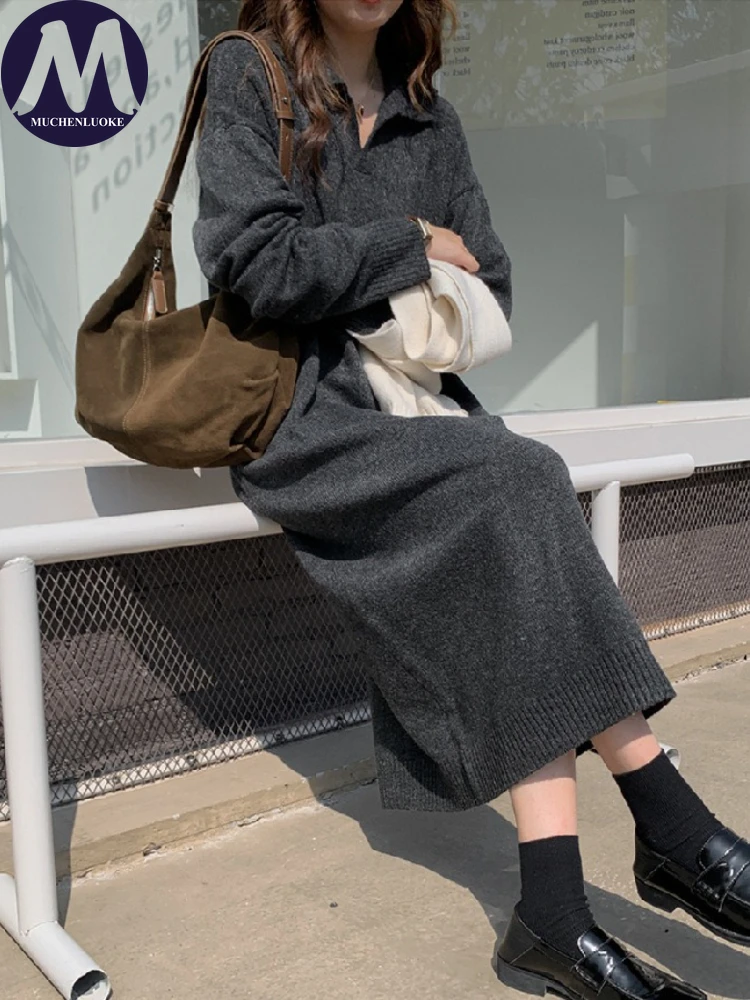 Vestidos femininos elegantes outono inverno estilo preguiçoso gola polo camisola de malha vestido coreano moda casual solto vestidos quentes