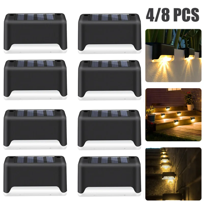 

4/8pcs LED Solar Step Lamp Warm White Stair Fence Light Outdoor Garden Lights Waterproof Balcony Path Light Courtyard Decor